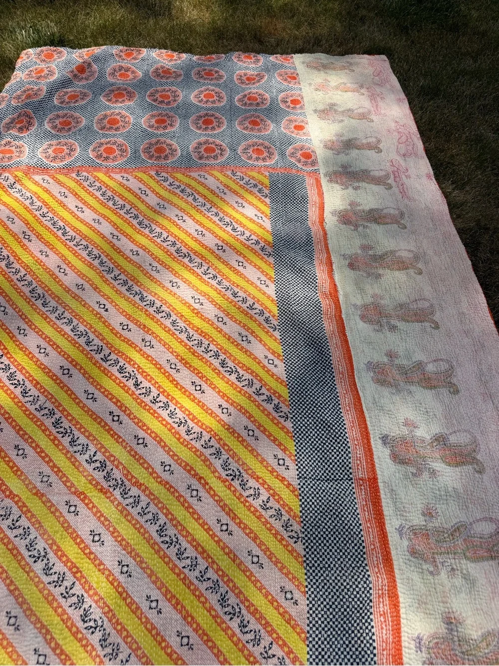 Vintage Handmade Kantha Quilt Reversible Orange Ikat Geometric Throw Blanket